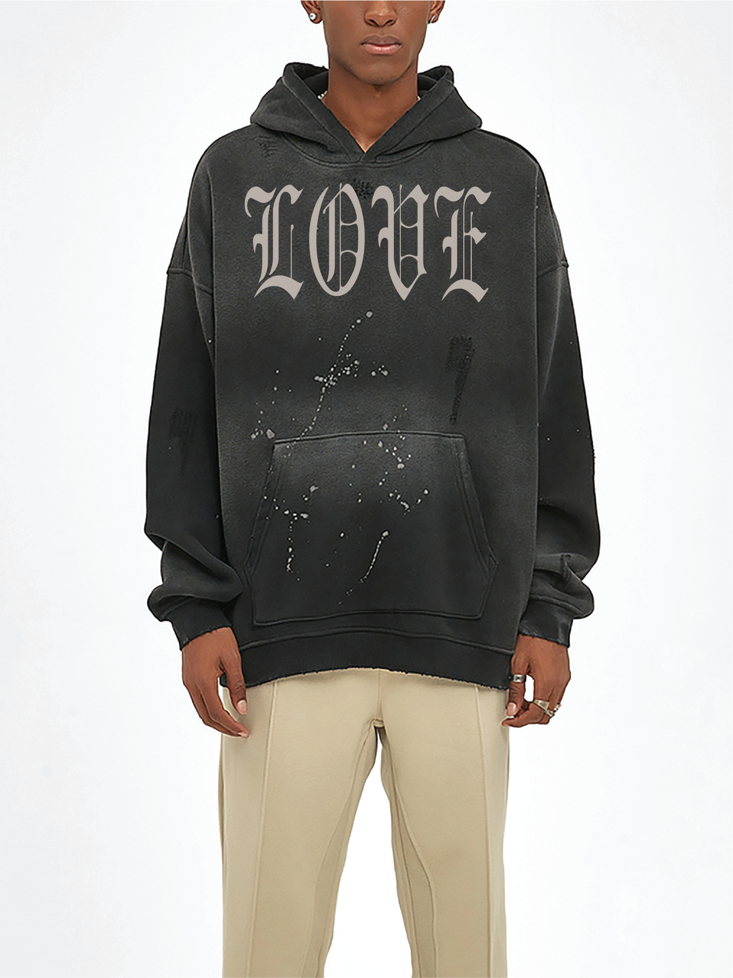 LOVE Vintage Wash Frayed Fleece Hoodie