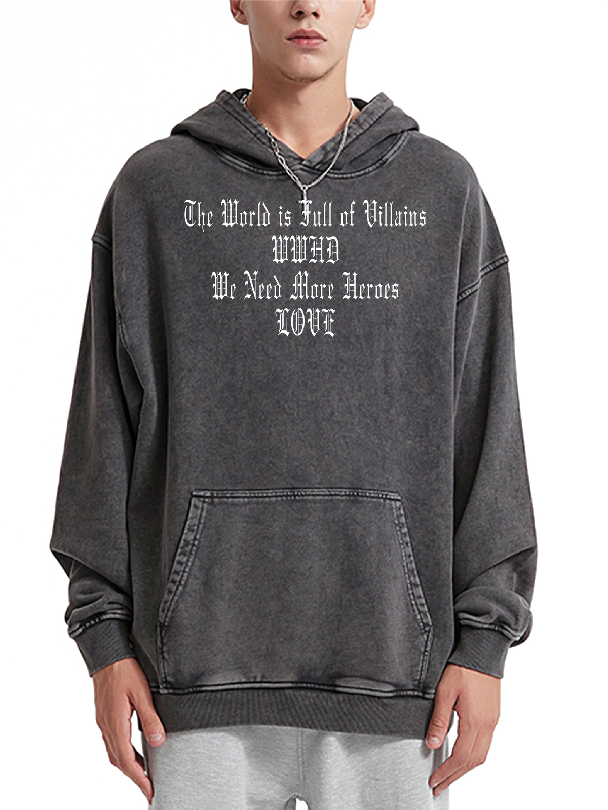 We Need More Heroes Acid Wash Heavyweight Oversize Hoodie